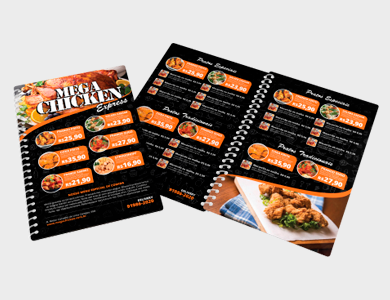 Cardápio Espiral com 4 Páginas em PVC 0,5mm Fosco Frente e Verso 13,6x21,1cm - 4x4 - 25 unid